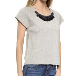 Milly Grey Knit Top Short Sleeve Embellished Black Blue Beads Size Large